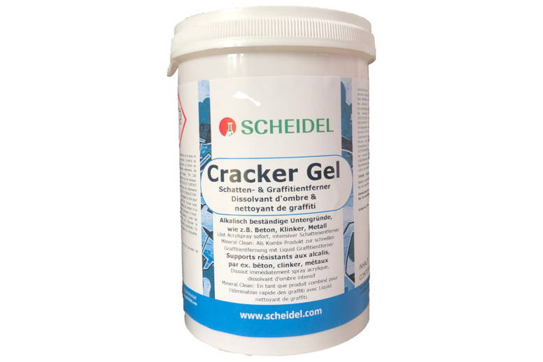 Scheidel Cracker Gel - Schatten- und Graffitientferner Scheidel Cracker Gel Graffiti- und Schattenentferner - zur Entfernung verbliebener Farbpigmente nach erfolgter Graffiti-Entfernung sowie in Kombi-Anwendung mit Scheidel Liquid auf mineralischen Untergründen, besonders intensive Wirkung dank Gel-Form.
