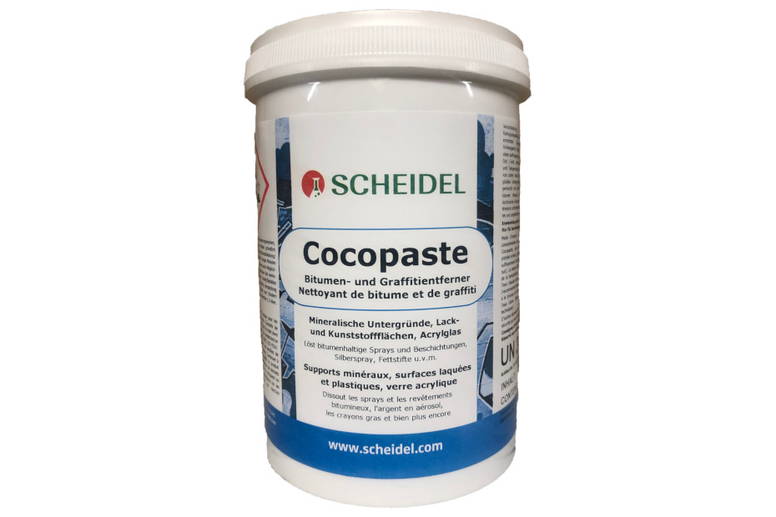 Scheidel Cocopaste nettoyant de bitume et graffiti Scheidel Cocopaste nettoyant de bitume et graffiti - Pour l'enlèvement des sprays à teneur en bitume sur les supports minéraux, le métal etc.