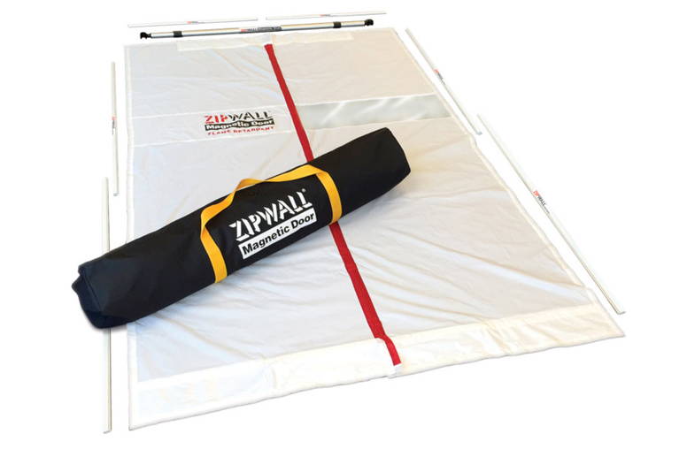 ZipDoor Türkit - zum minutenschnellen Abdichten von Türen, 2 Auführungen (Standard [Abbildung], Profi [mit blickdichter und flammhemmender Folie]).