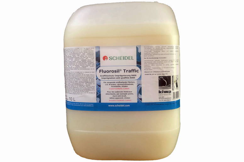 Scheidel Fluorosil Traffic - die Super-Imprägnierung! Scheidel Fluorosil Traffic - permanenter, nicht-filmbildender Graffitischutz für mineralische Untergründe, wasserdampf-diffusionsoffen, optisch kaum sichtbar, RAL-Gütezeichen, BASt-Listung