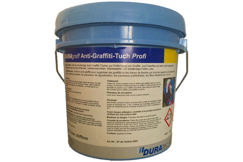 DURAgraff Anti-Graffiti-Tuch Profi DURAgraff Anti-Graffiti-Tuch Profi - gebrauchsfertige, getränkte Reinigungstücher zur Entfernung von Graffiti auf heiklen, nur kurzzeitig lösemittelbeständigen Untergründen, insbesondere Verkehrsschilder.