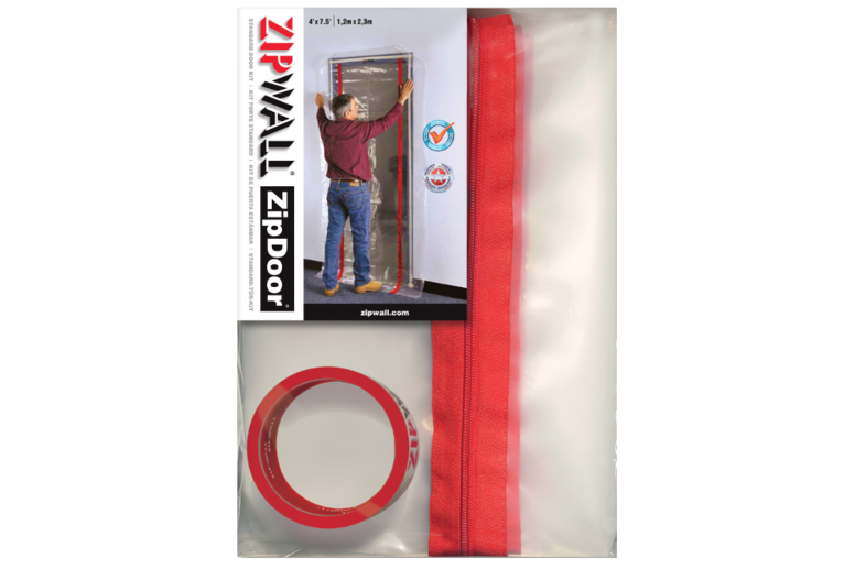 ZipDoor Türkit - zum minutenschnellen Abdichten von Türen, 2 Auführungen (Standard [Abbildung], Profi [mit blickdichter und flammhemmender Folie]).